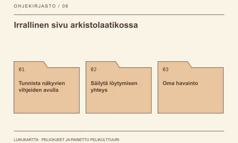 Lukukartta: Irrallinen sivu arkistolaatikossa. Tunnista näkyvien vihjeiden avulla, Säilytä löytymisen yhteys, Oma havainto.