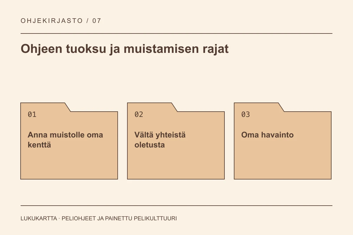 Lukukartta: Ohjeen tuoksu ja muistamisen rajat. Anna muistolle oma kenttä, Vältä yhteistä oletusta, Oma havainto.