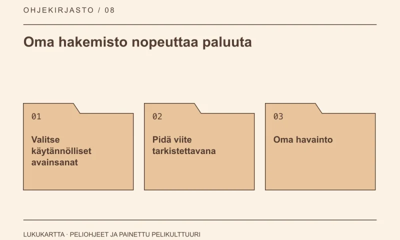 Lukukartta: Oma hakemisto nopeuttaa paluuta. Valitse käytännölliset avainsanat, Pidä viite tarkistettavana, Oma havainto.