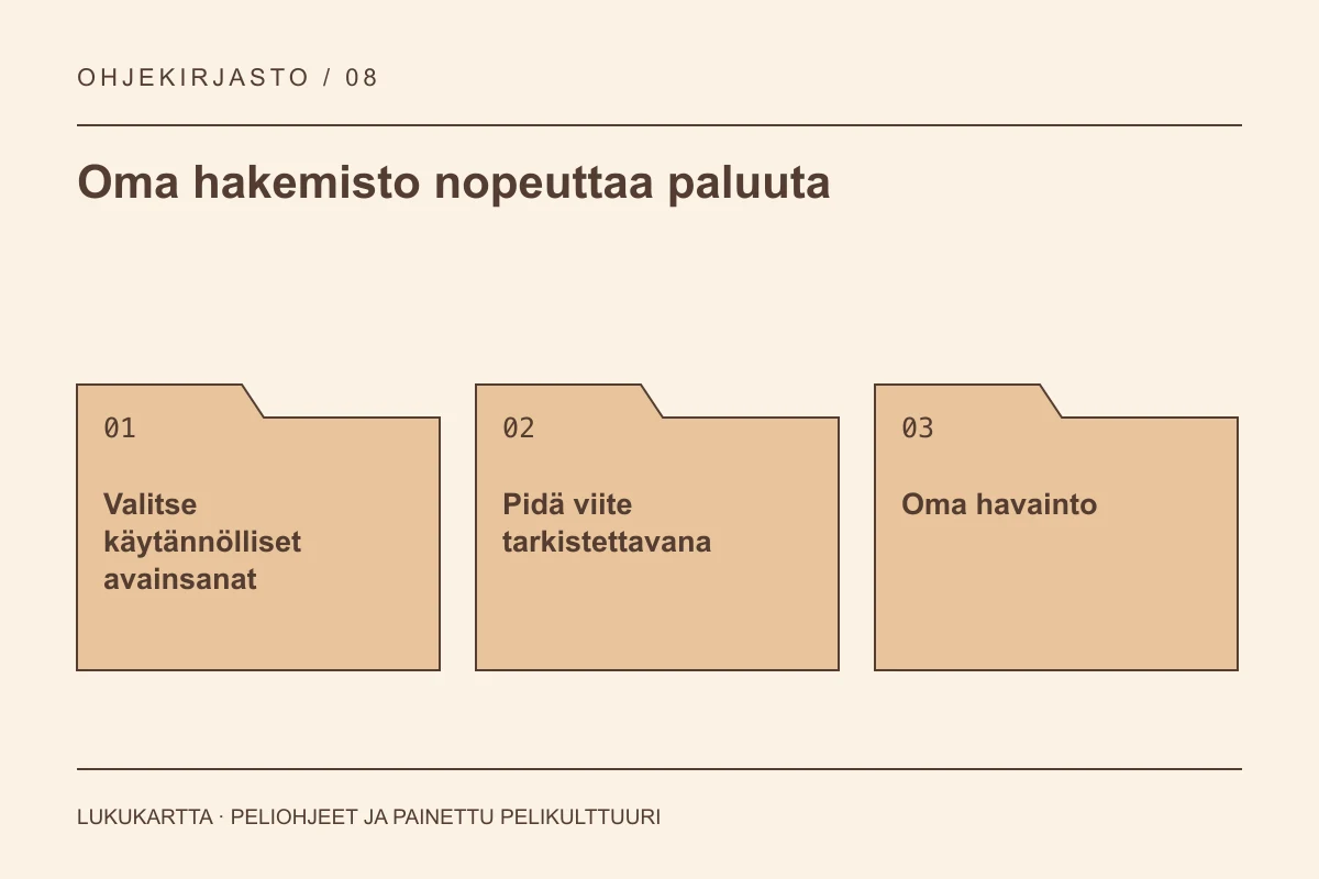 Lukukartta: Oma hakemisto nopeuttaa paluuta. Valitse käytännölliset avainsanat, Pidä viite tarkistettavana, Oma havainto.